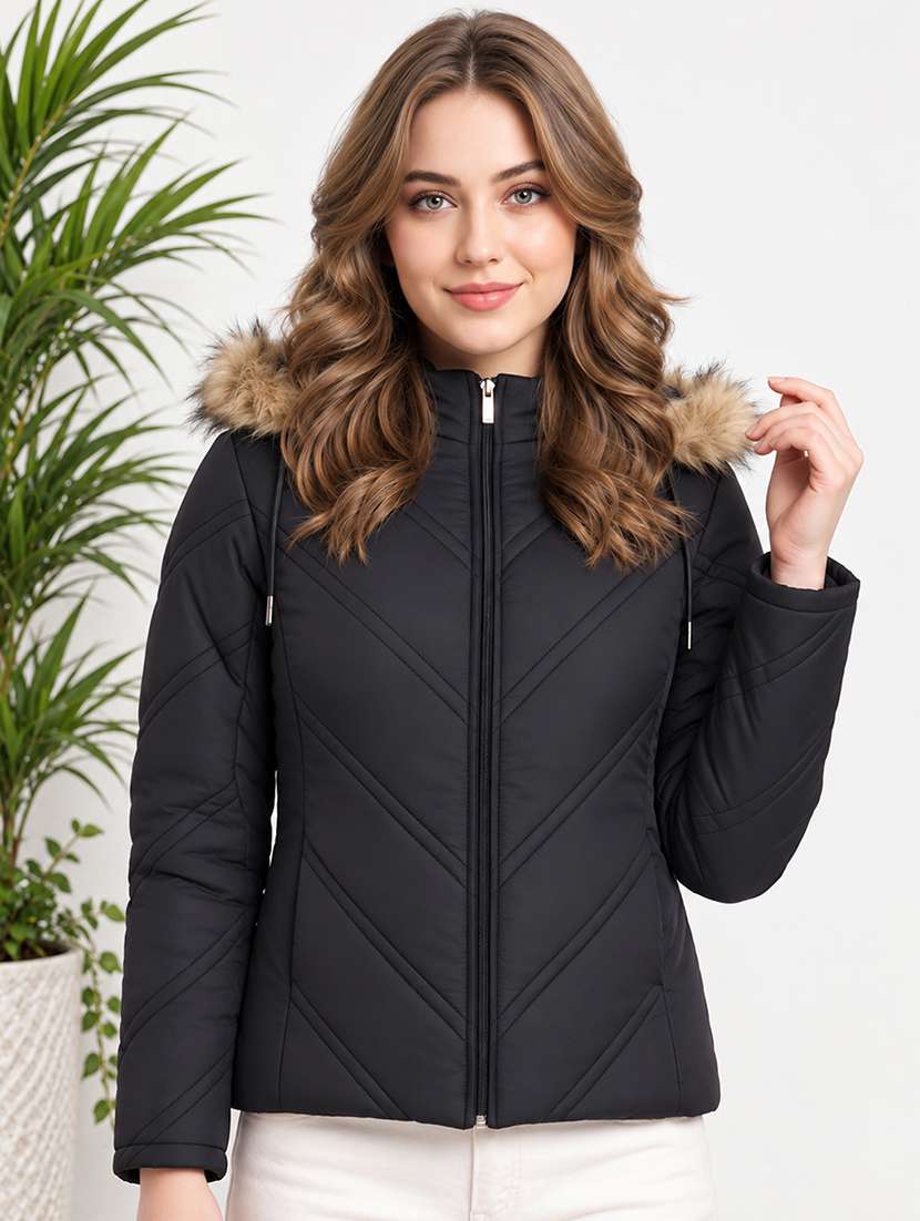 women solid long sleeves hooded quilted jacket