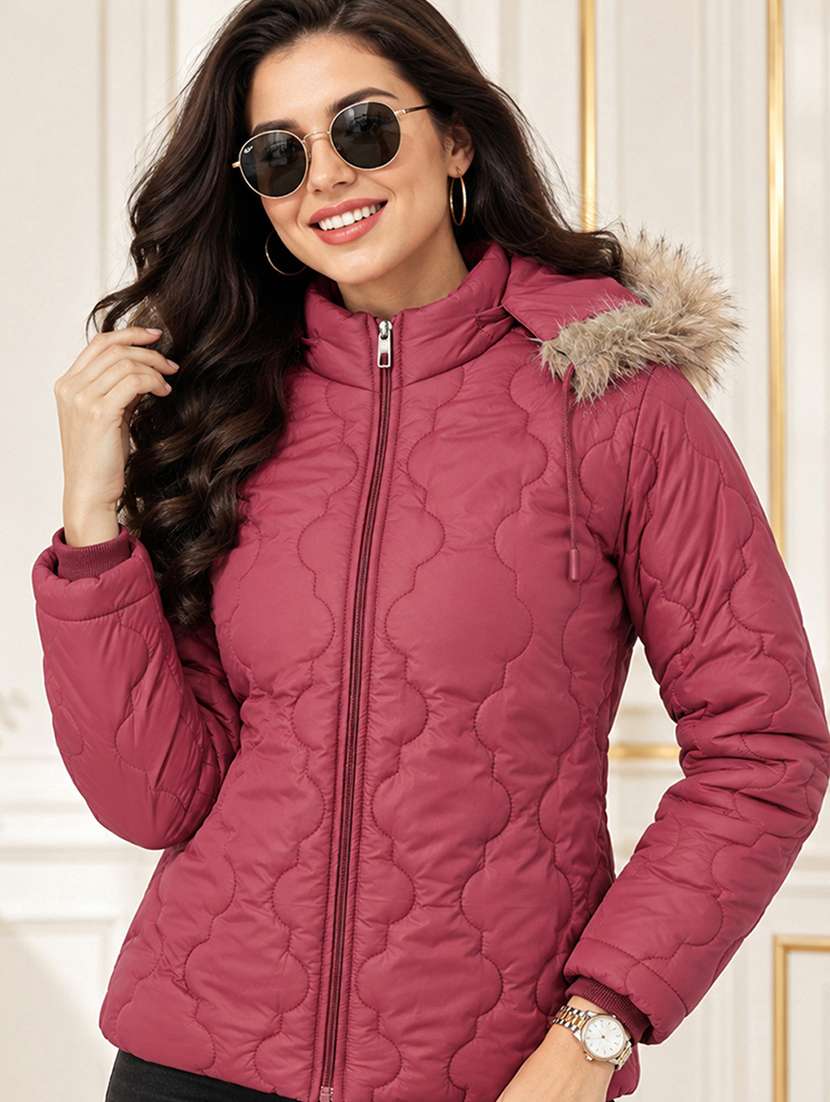 women solid long sleeves hooded quilted jacket