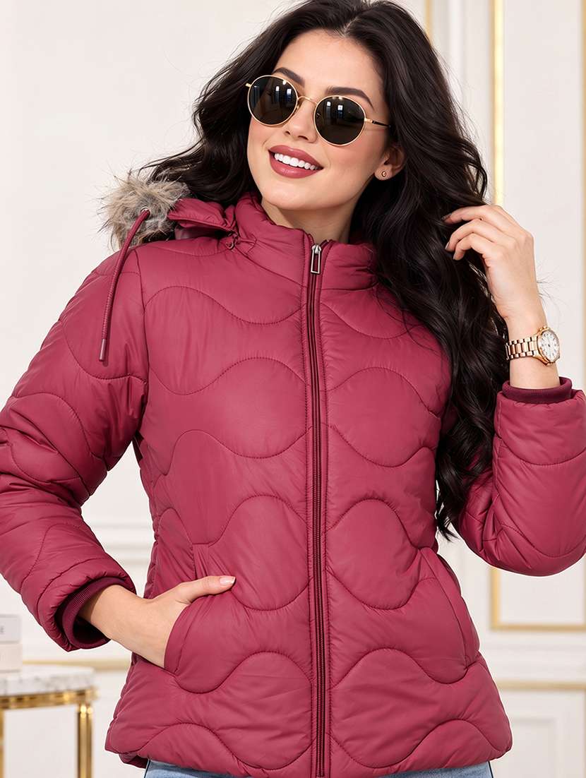 women solid long sleeves hooded quilted jacket