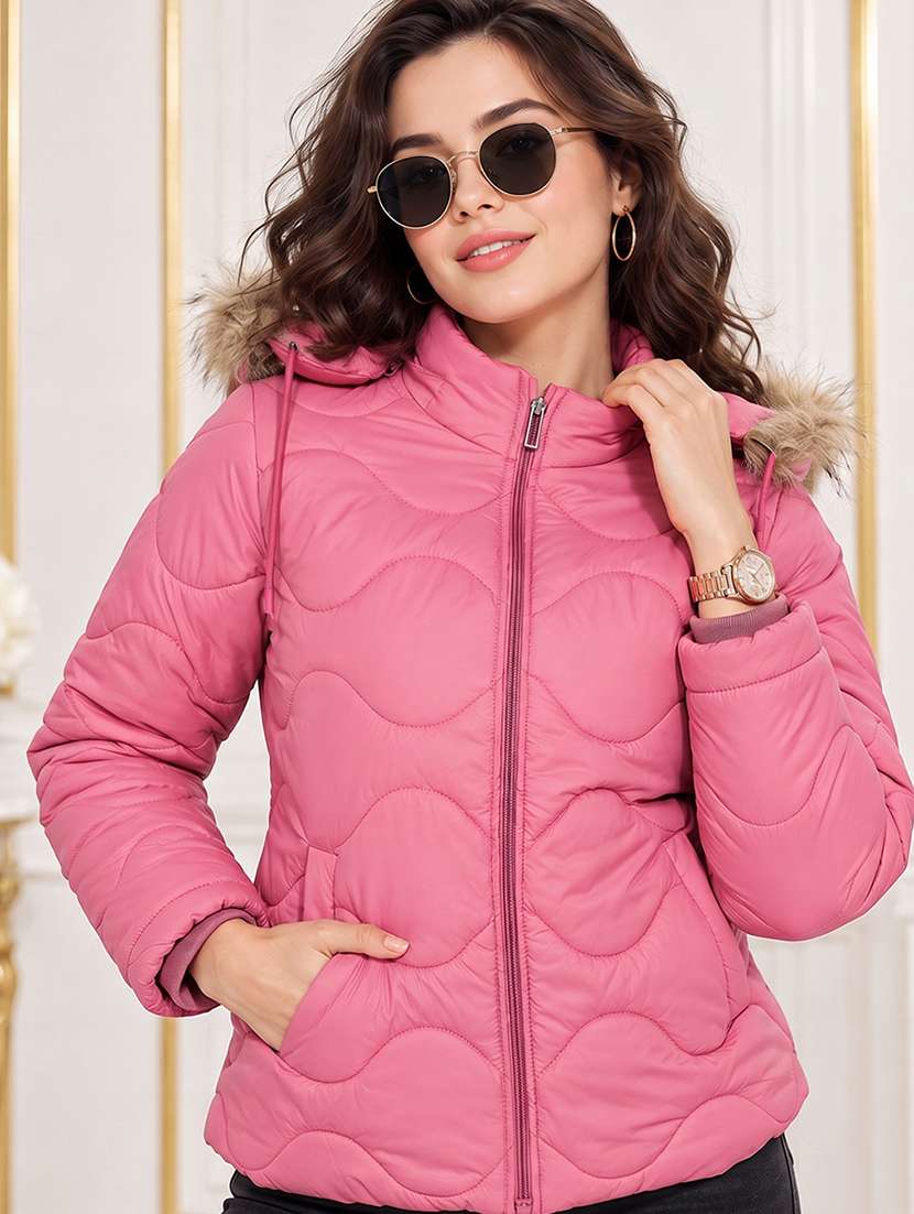 women solid long sleeves hooded quilted jacket