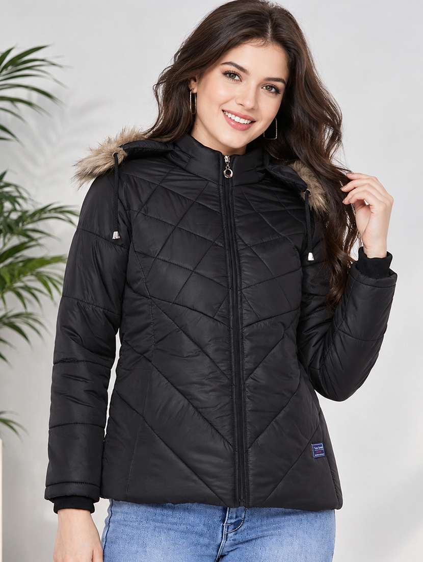 women solid long sleeves hooded quilted jacket