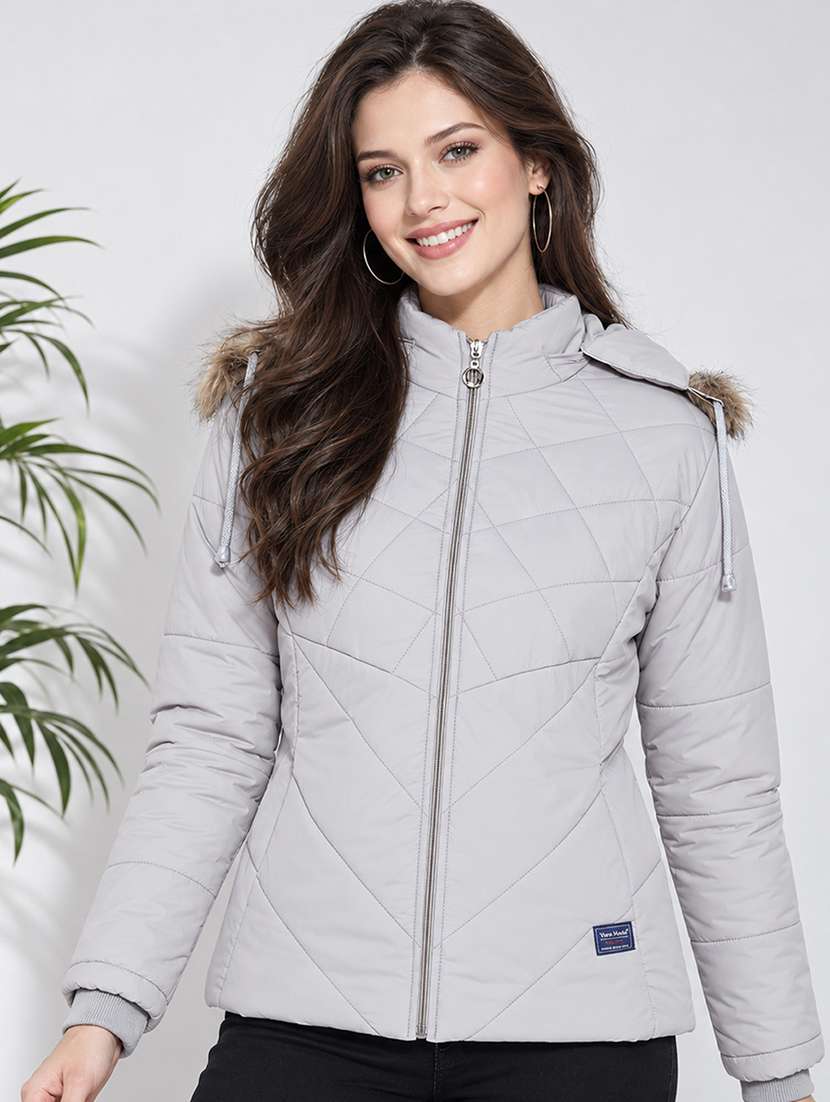 women solid long sleeves hooded quilted jacket