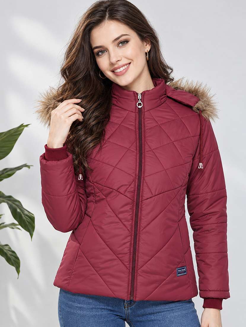 women solid long sleeves hooded quilted jacket