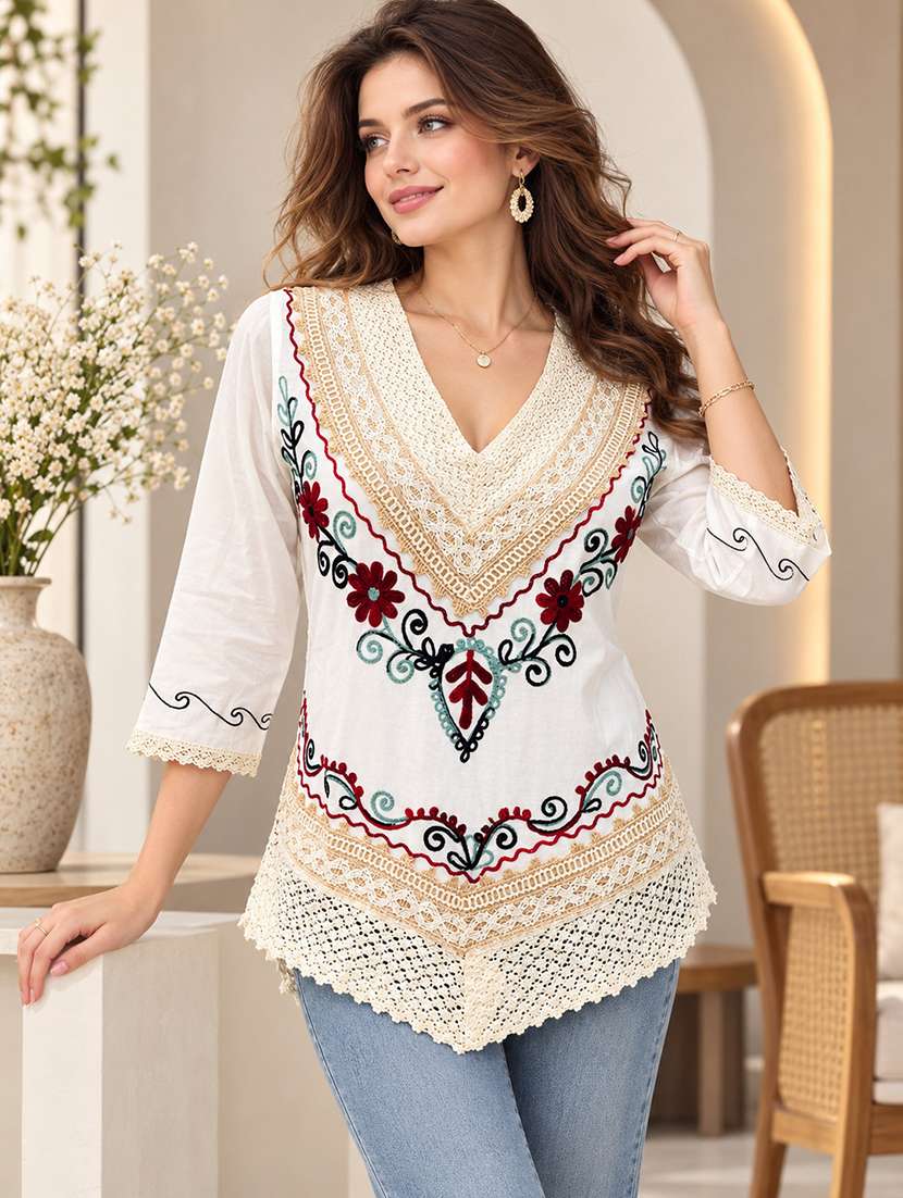 women embroidered three quarter sleeves regular top