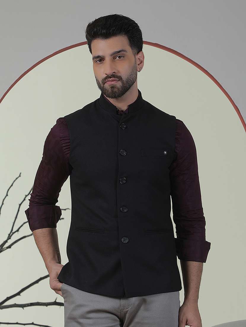 men solid sleeveless regular fit nehru jacket