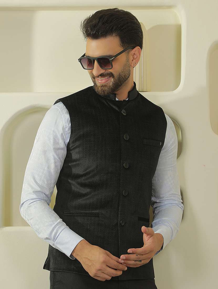 men solid sleeveless regular fit nehru jacket