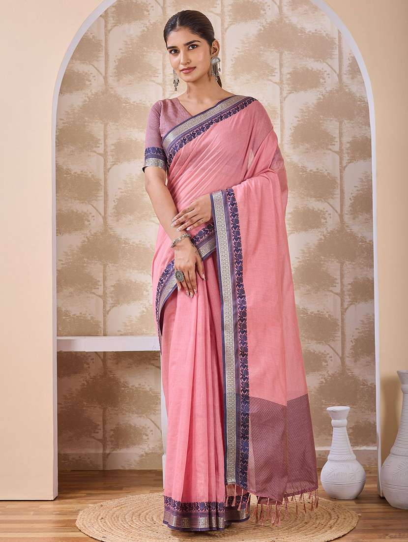 women solid with bordered saree with blouse