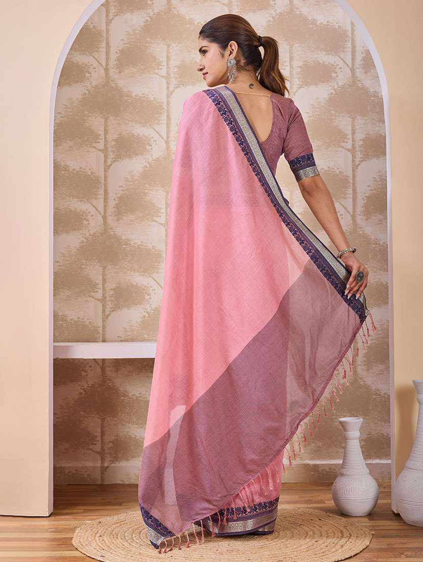 Women Solid With Bordered Saree With Blouse - 22750740 -  Standard Image - 3