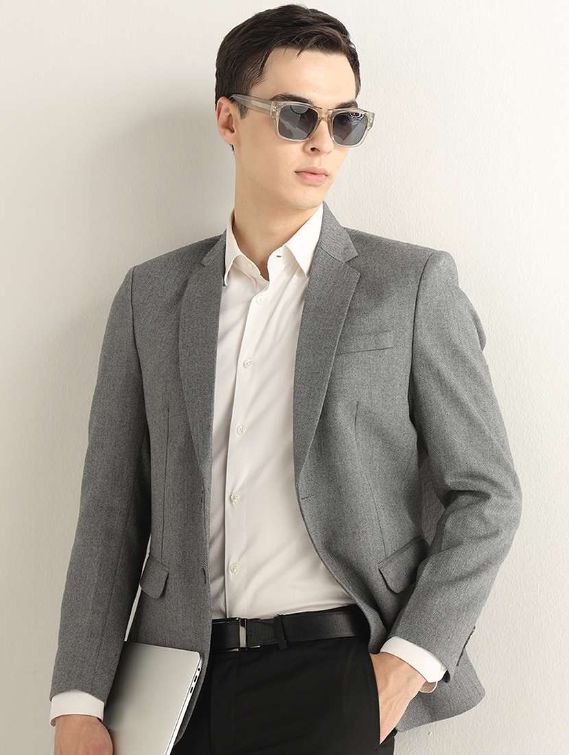 men solid lapel collar single breasted formal blazer