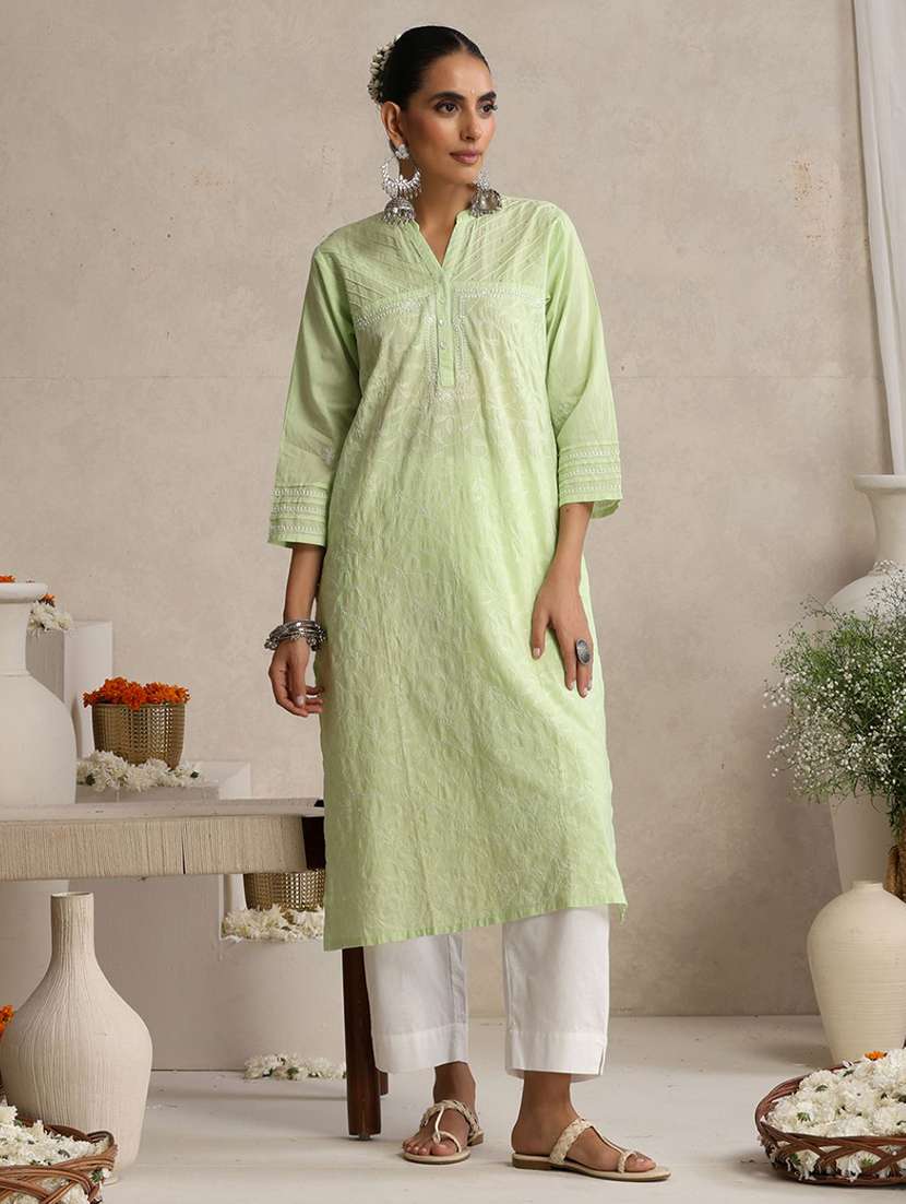 women embroidered three quarter sleeves straight kurta