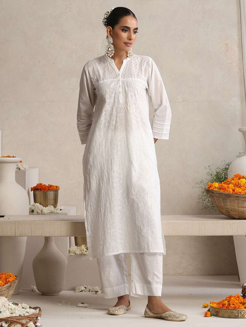 women embroidered three quarter sleeves straight kurta