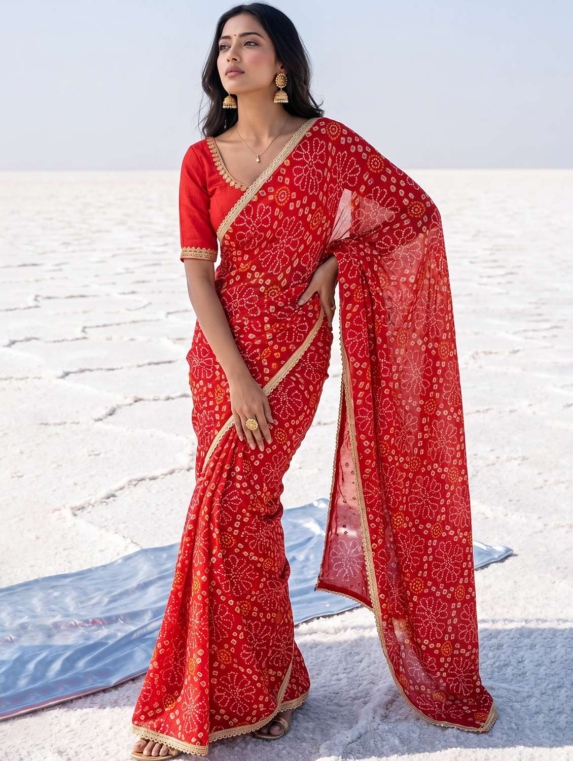 women bandhani printed saree with blouse