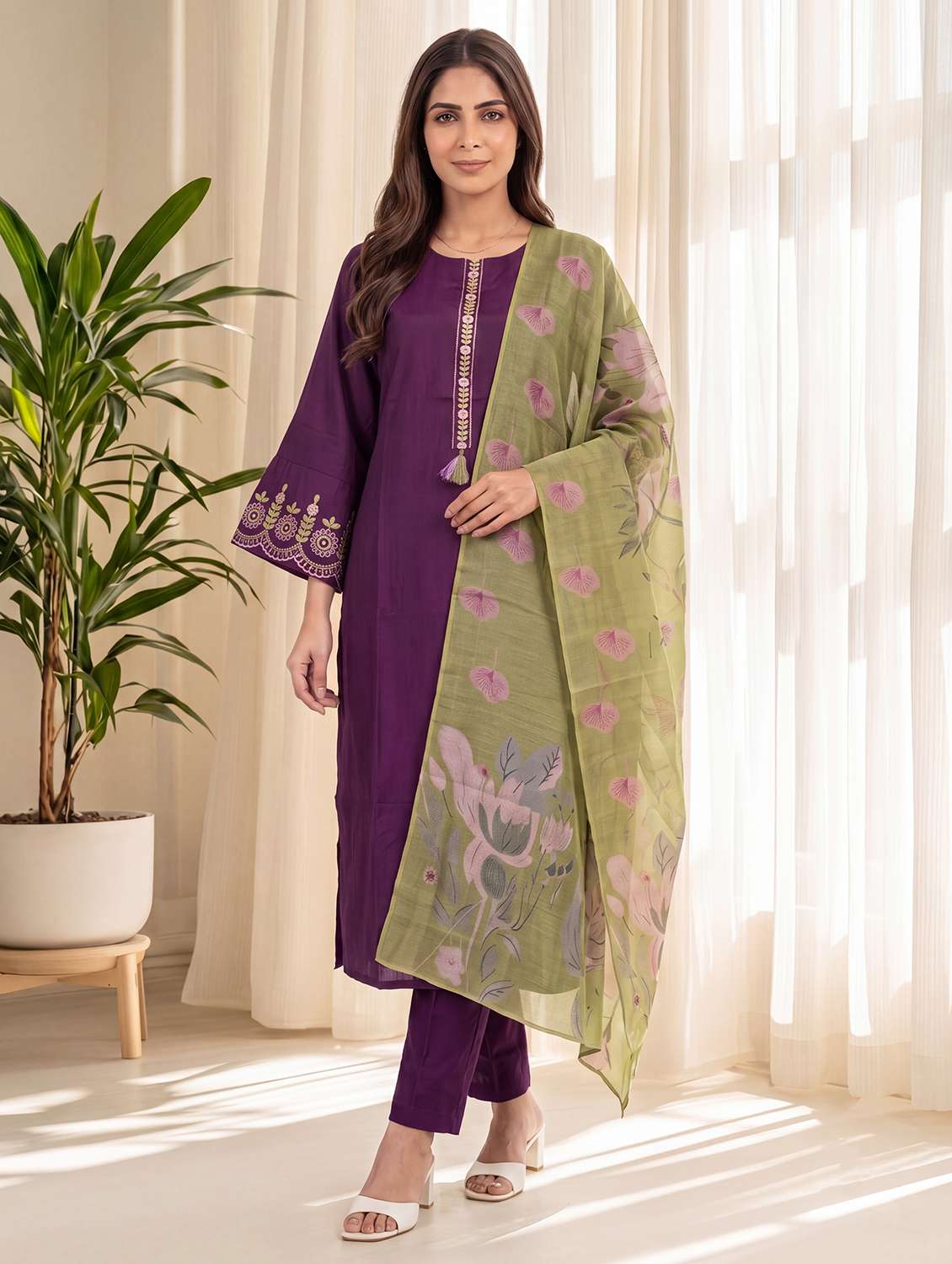 women embroidered three quarter sleeve kurta pant with dupatta set