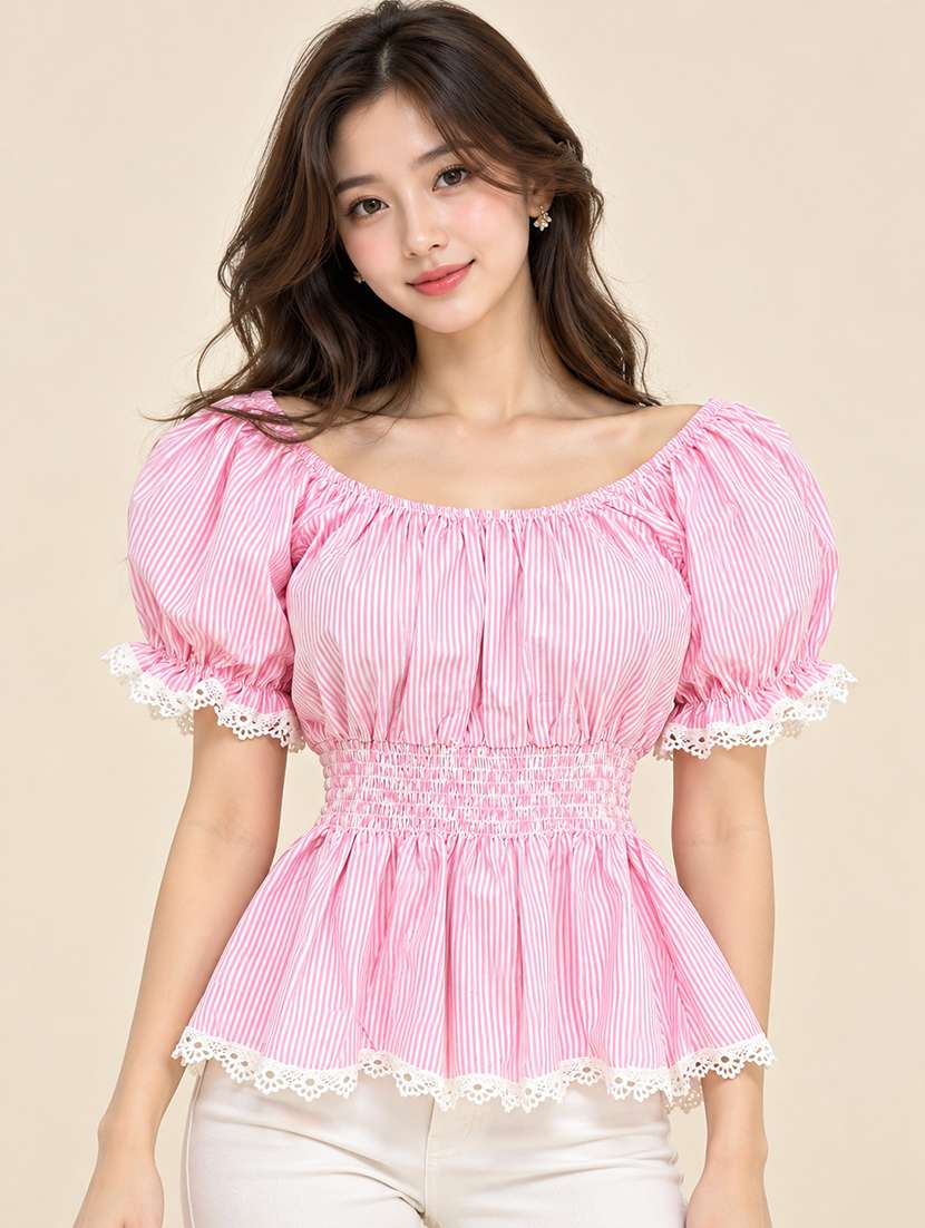 women striped puff sleeves peplum top