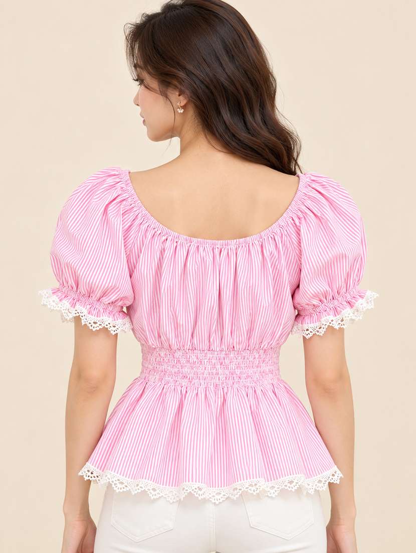 Women Striped Puff Sleeves Peplum Top - 22755712 -  Standard Image - 3