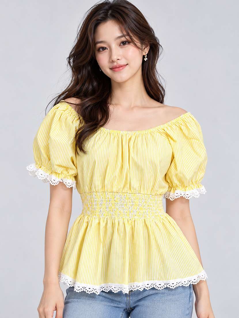 women striped puff sleeves peplum top
