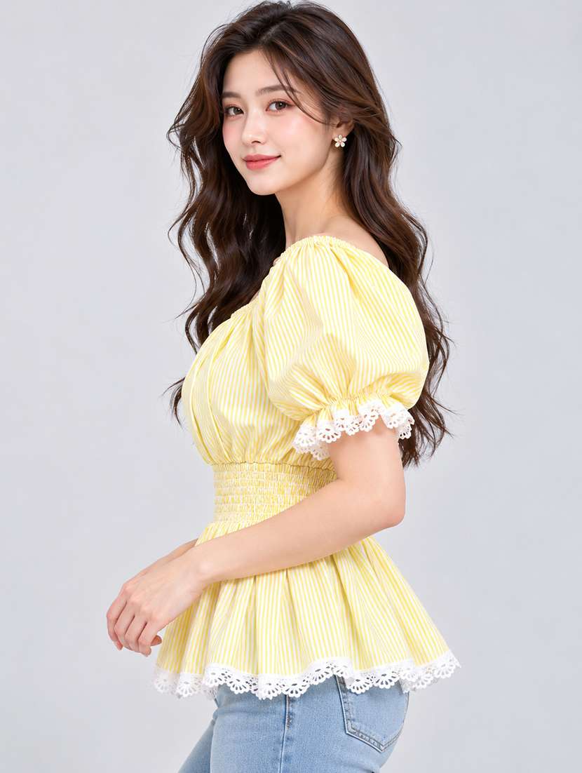 Women Striped Puff Sleeves Peplum Top - 22755713 -  Standard Image - 3