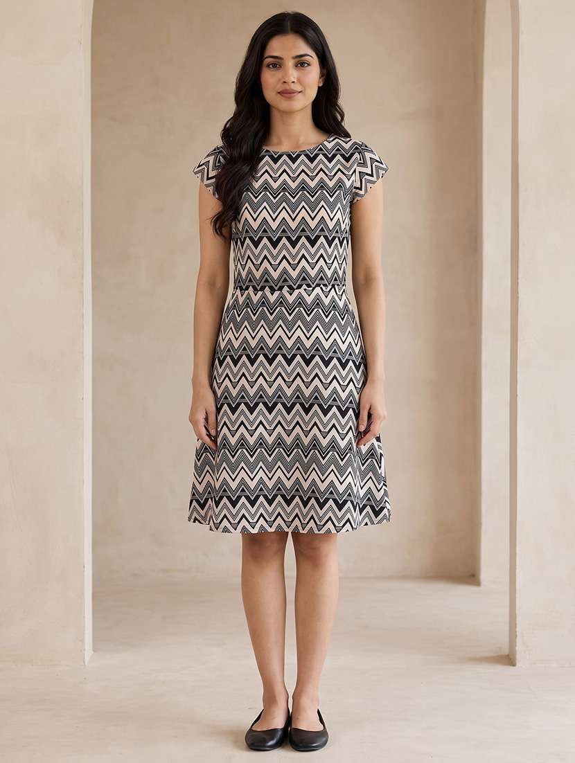 women printed cap sleeves a-line dress
