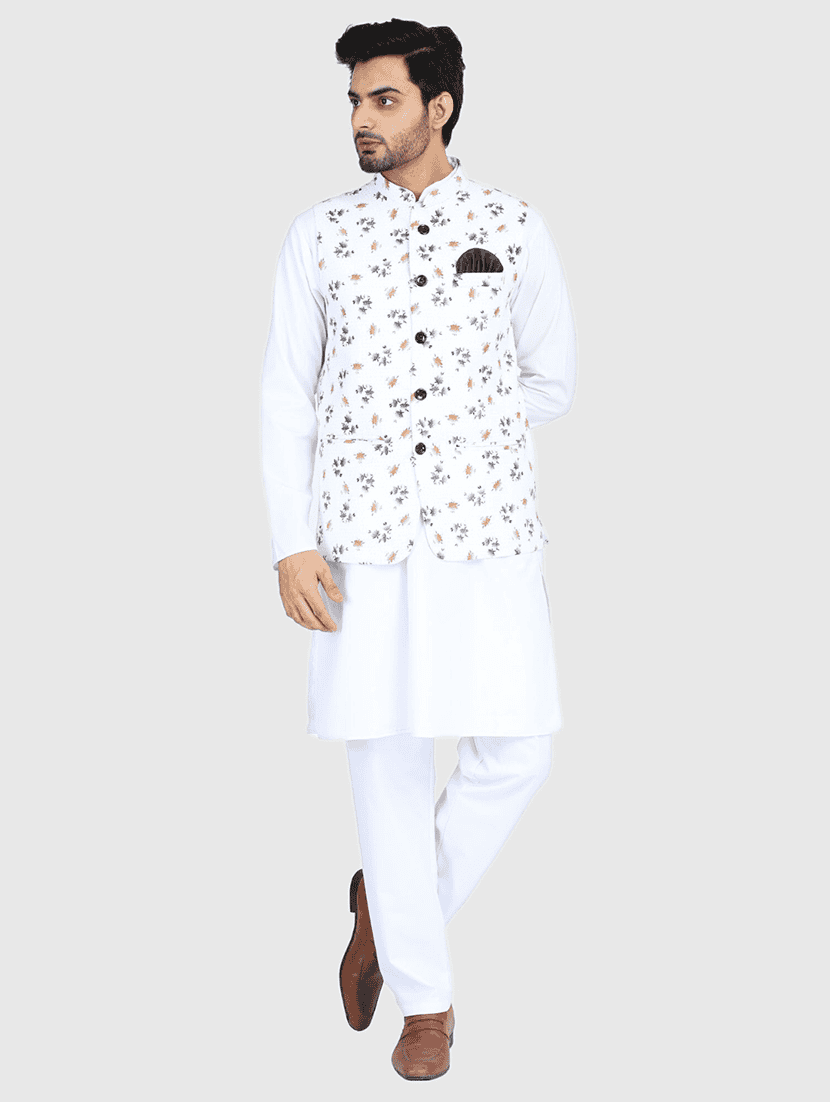 men printed mandarin neck kurta pyjama with jacket set