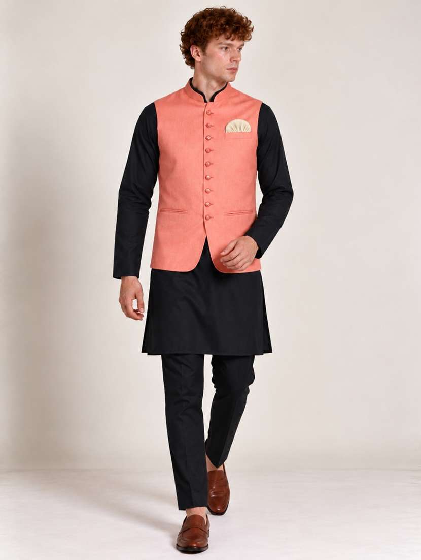 men solid mandarin neck kurta pyjama with jacket ethnic set