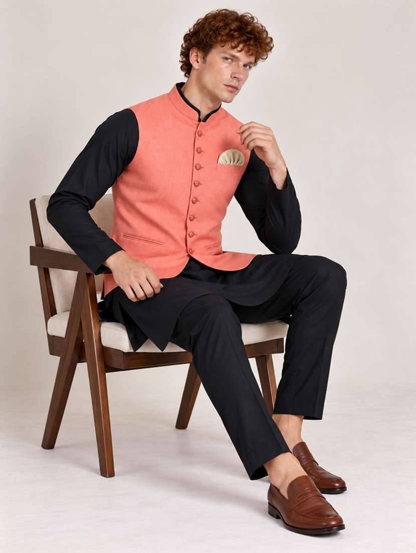 Men Solid Mandarin Neck Kurta Pyjama With Jacket Ethnic Set - 22756175 -  Standard Image - 3