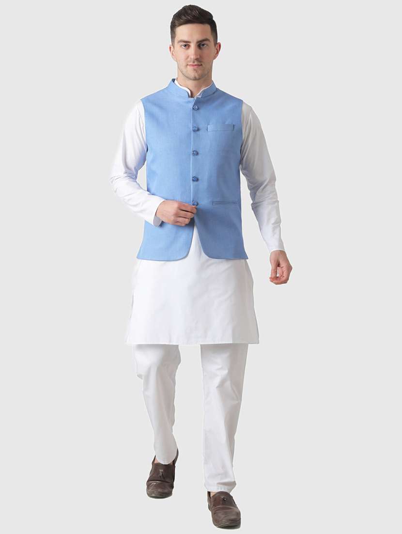 men solid mandarin neck kurta pyjama with jacket ethnic set