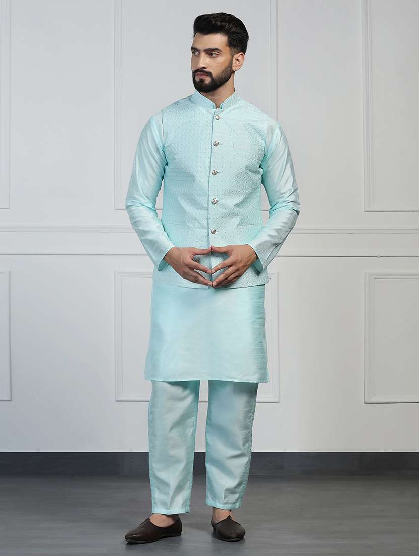 men solid with work mandarin neck kurta pyjama with jacket set