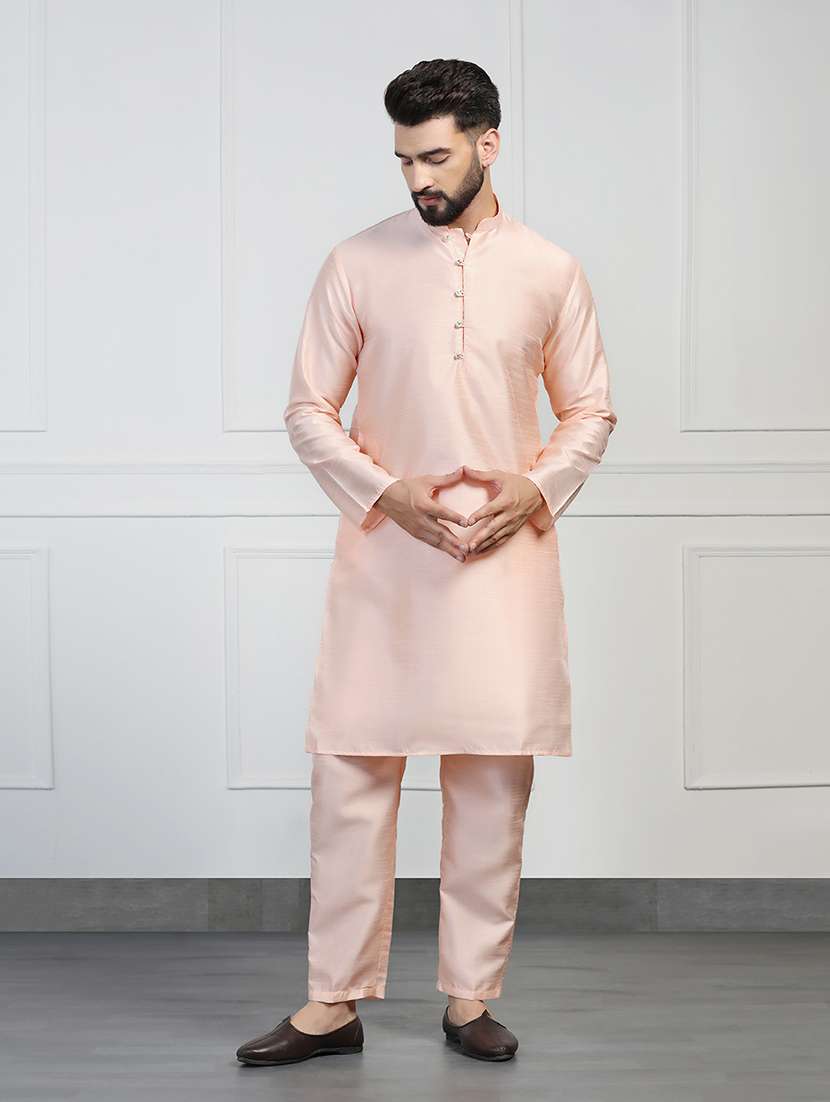 men solid with work mandarin neck kurta pyjama with jacket set