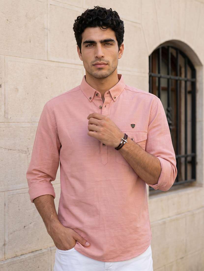 men solid long sleeve short kurta