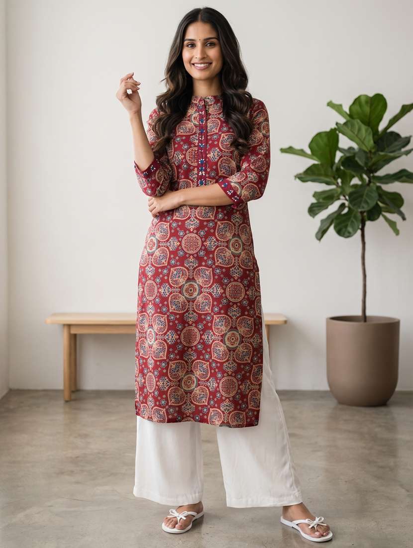 women printed three quarter sleeve straight kurta