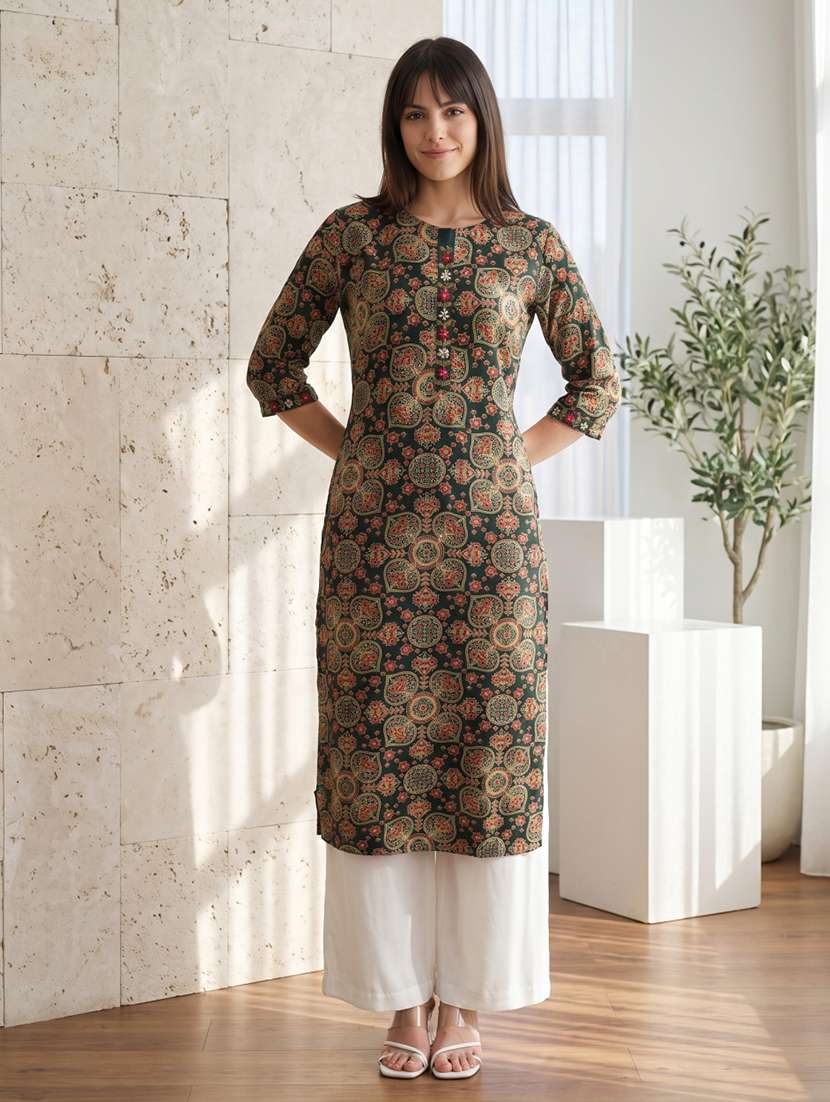 women printed three quarter sleeve straight kurta