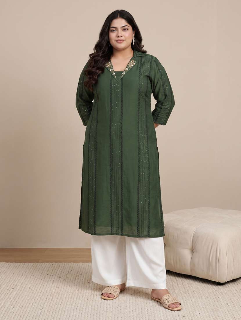 women solid with work three quarter sleeve straight kurta