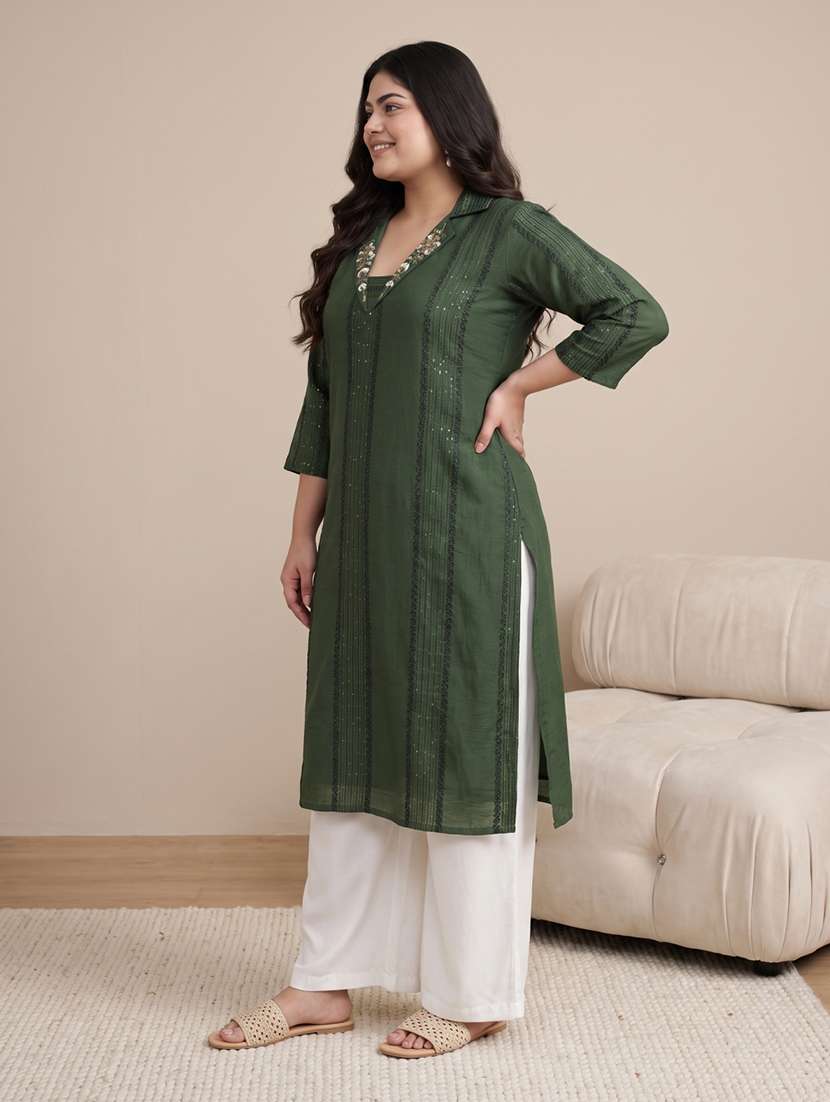 Women Solid With Work Three Quarter Sleeve Straight Kurta - 22757037 -  Standard Image - 3