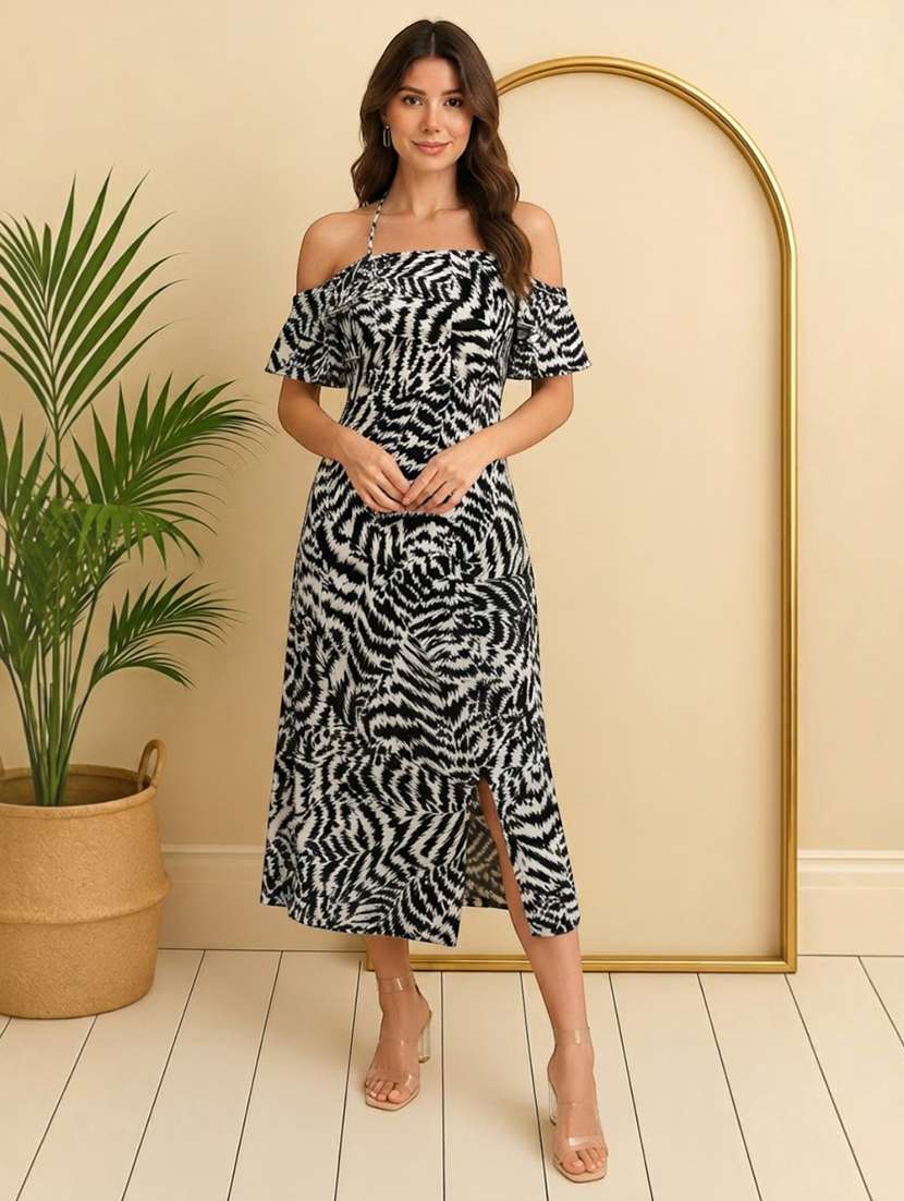 women printed halter neck a-line dress