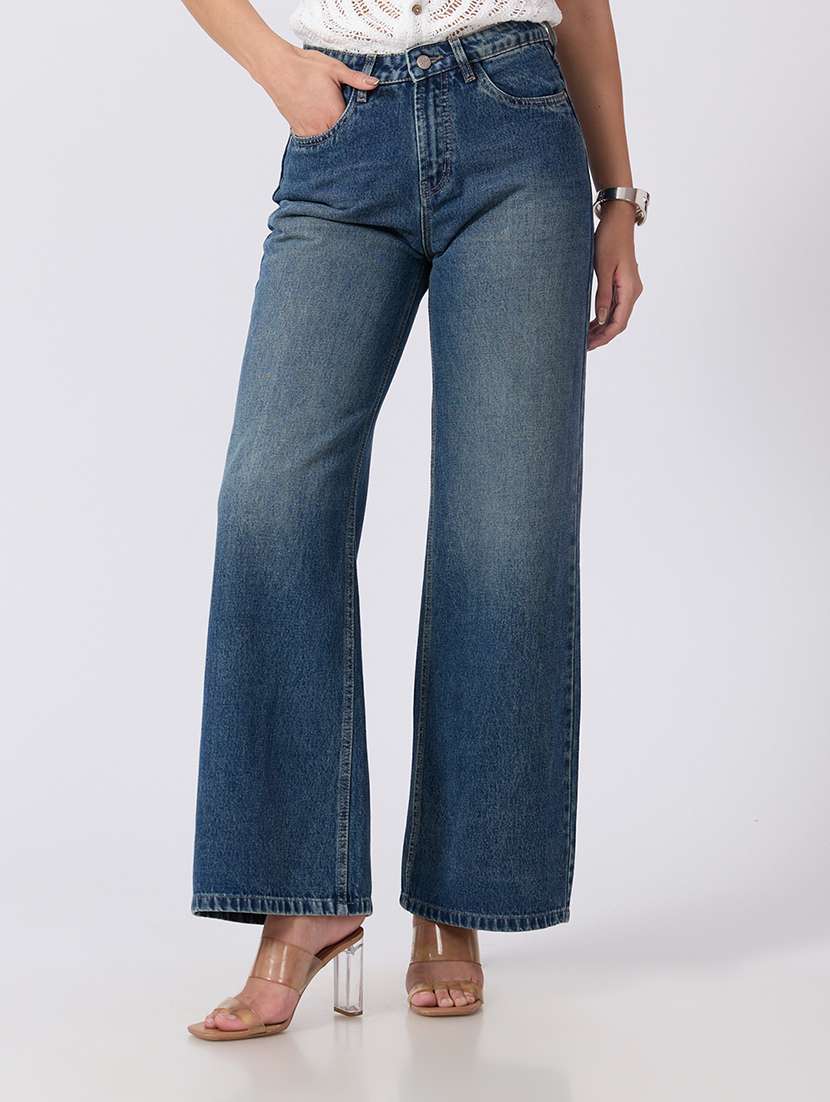 women washed high rise wide leg jeans