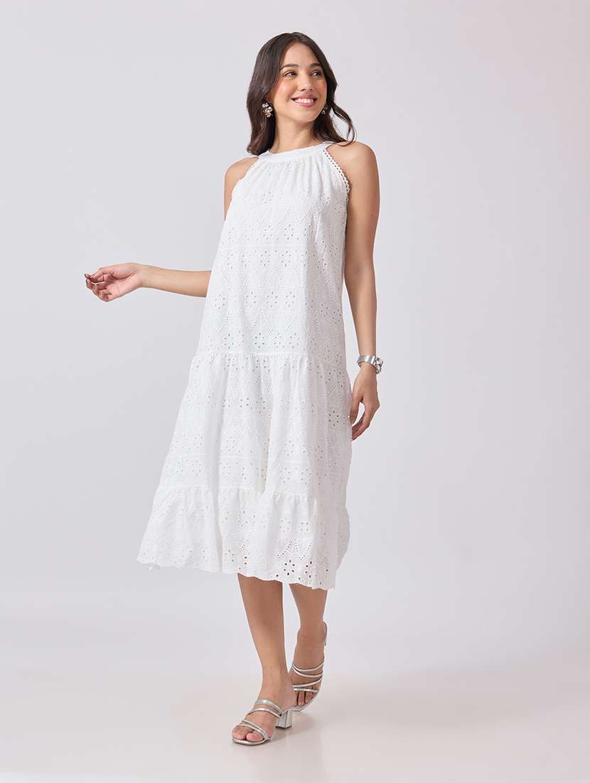 women embroidered halter neck tiered dress