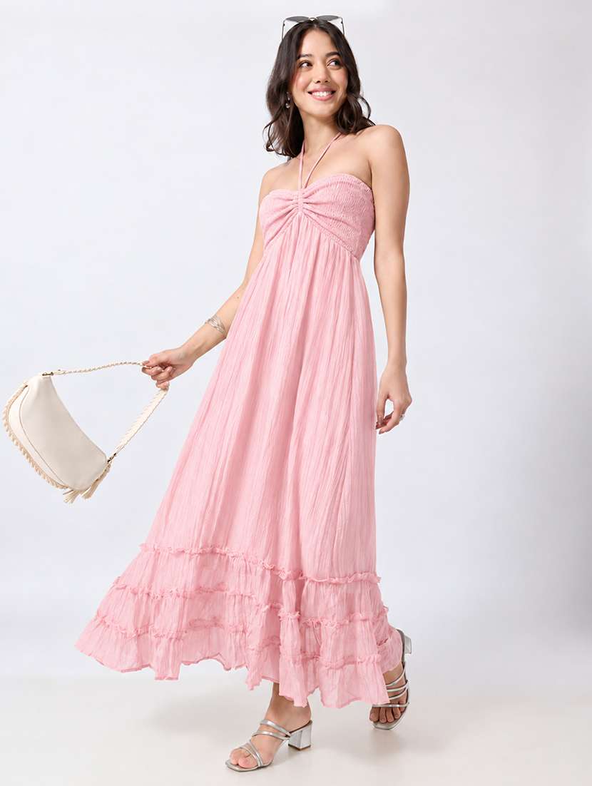 women solid halter neck tiered dress