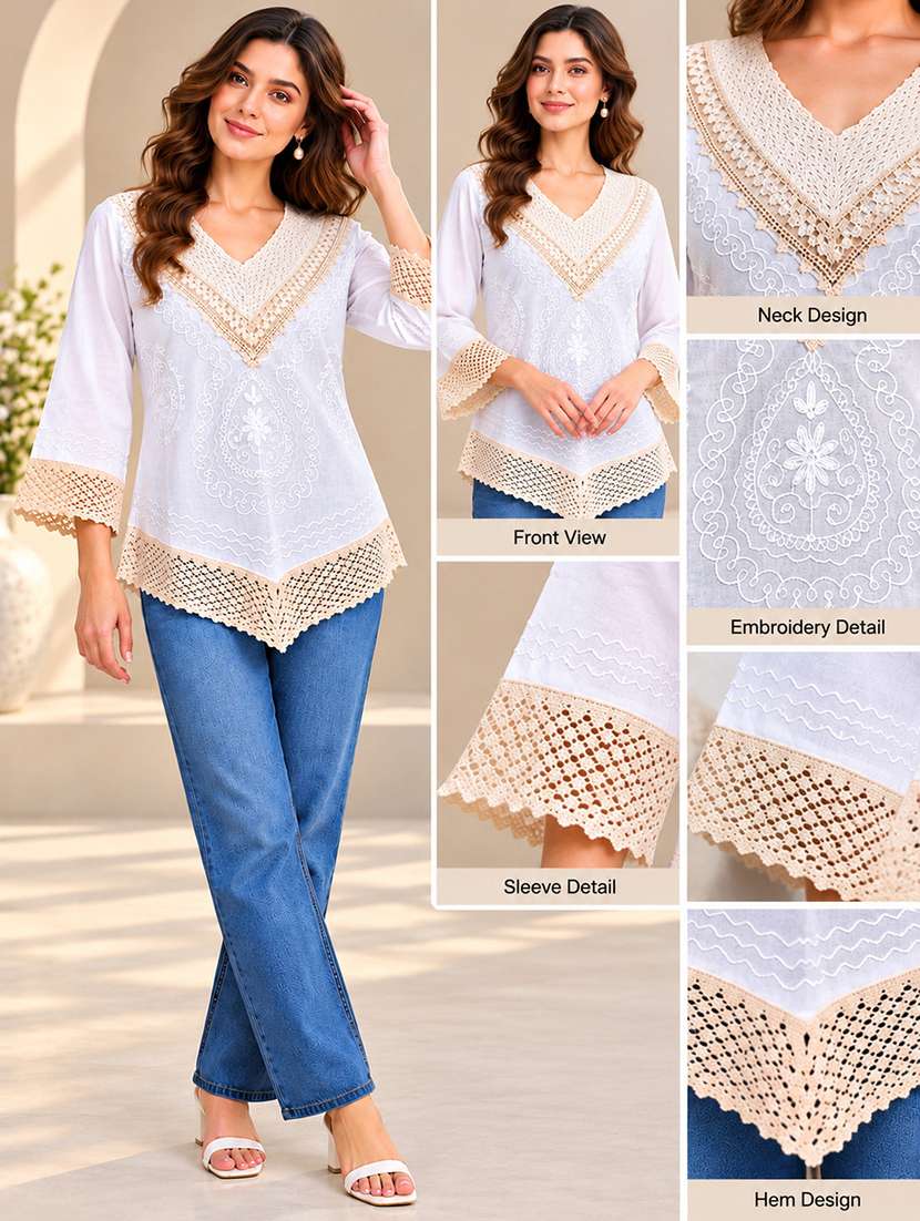 Women Embroidered Three Quarter Sleeves Asymmetric Top - 22760961 -  Standard Image - 3
