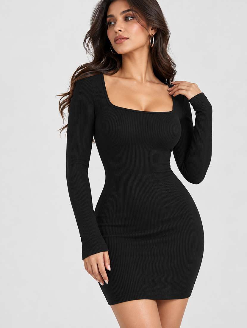 women solid long sleeves bodycon dress