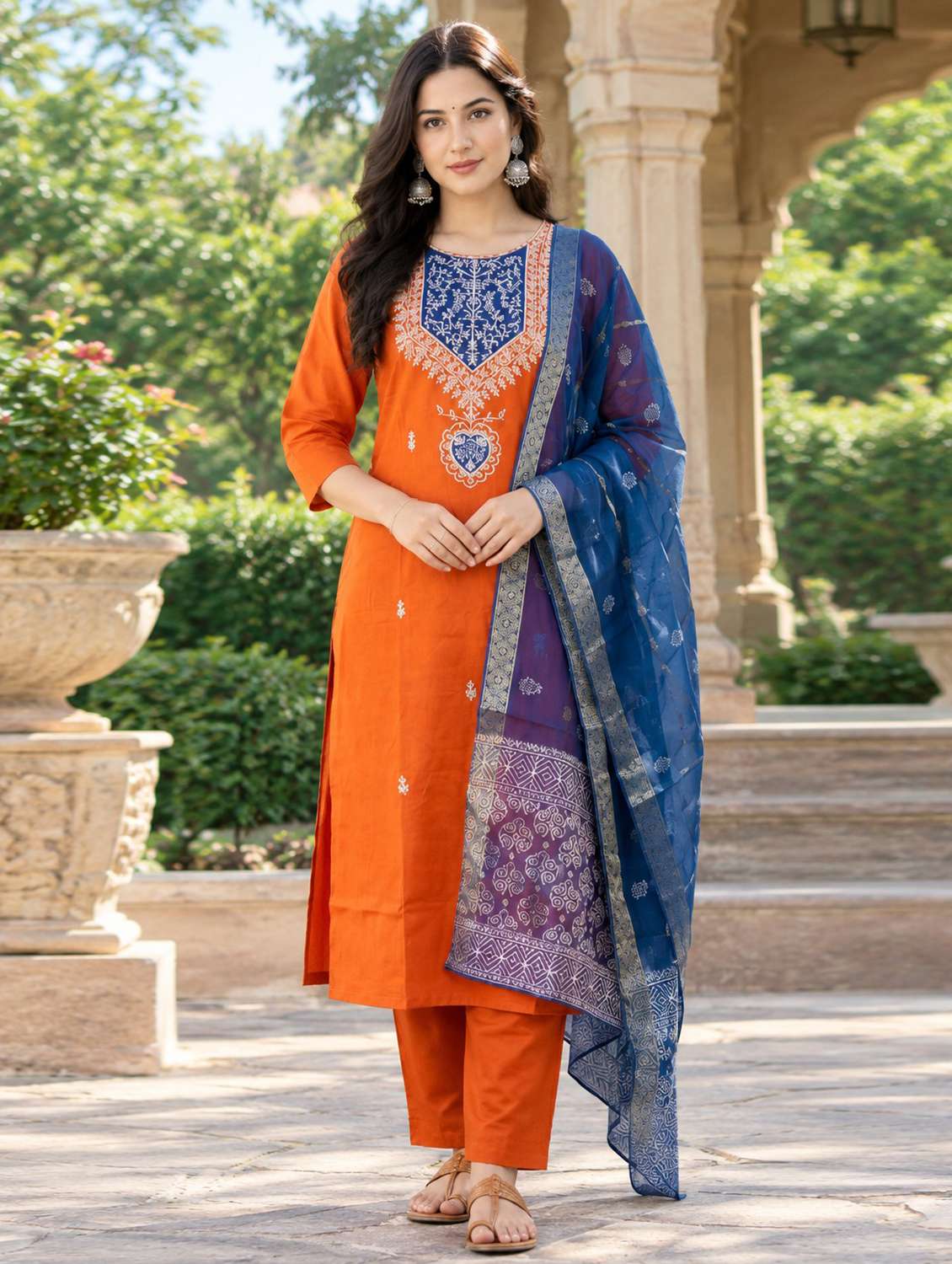women solid with work three quarter sleeve kurta pant with dupatta set
