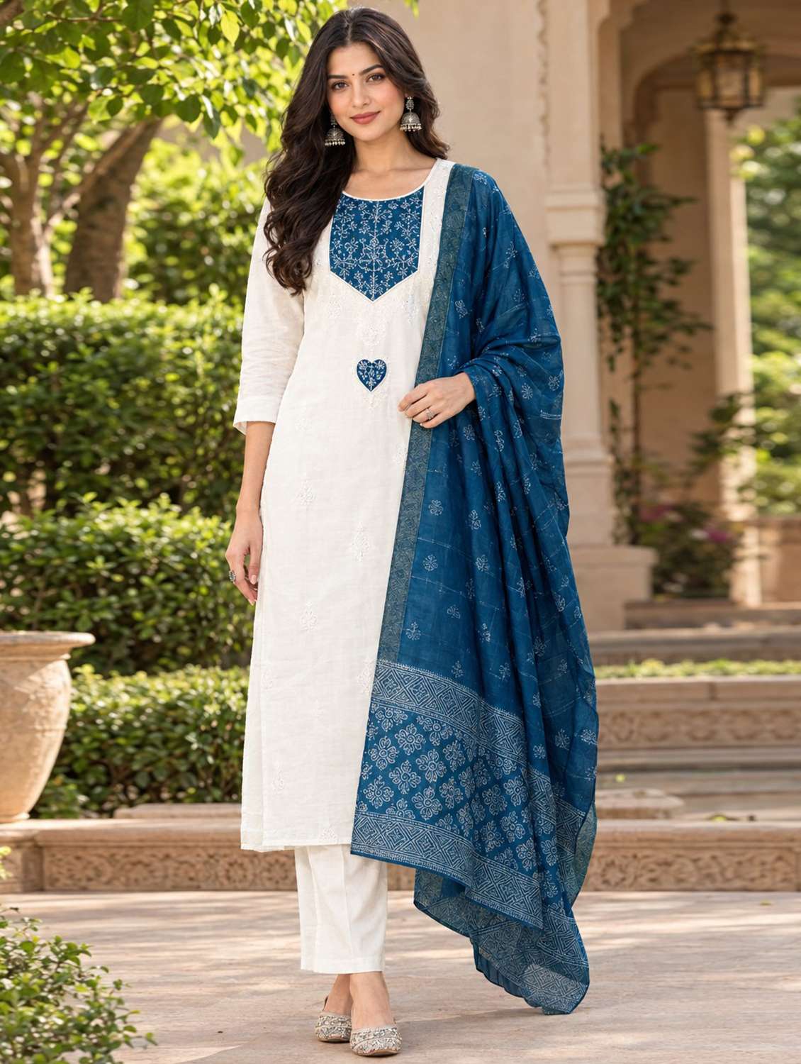 women solid with work three quarter sleeve kurta pant with dupatta set