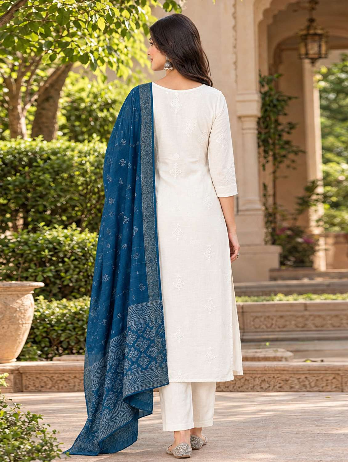 Women Solid With Work Three Quarter Sleeve Kurta Pant With Dupatta Set - 22760971 -  Standard Image - 3