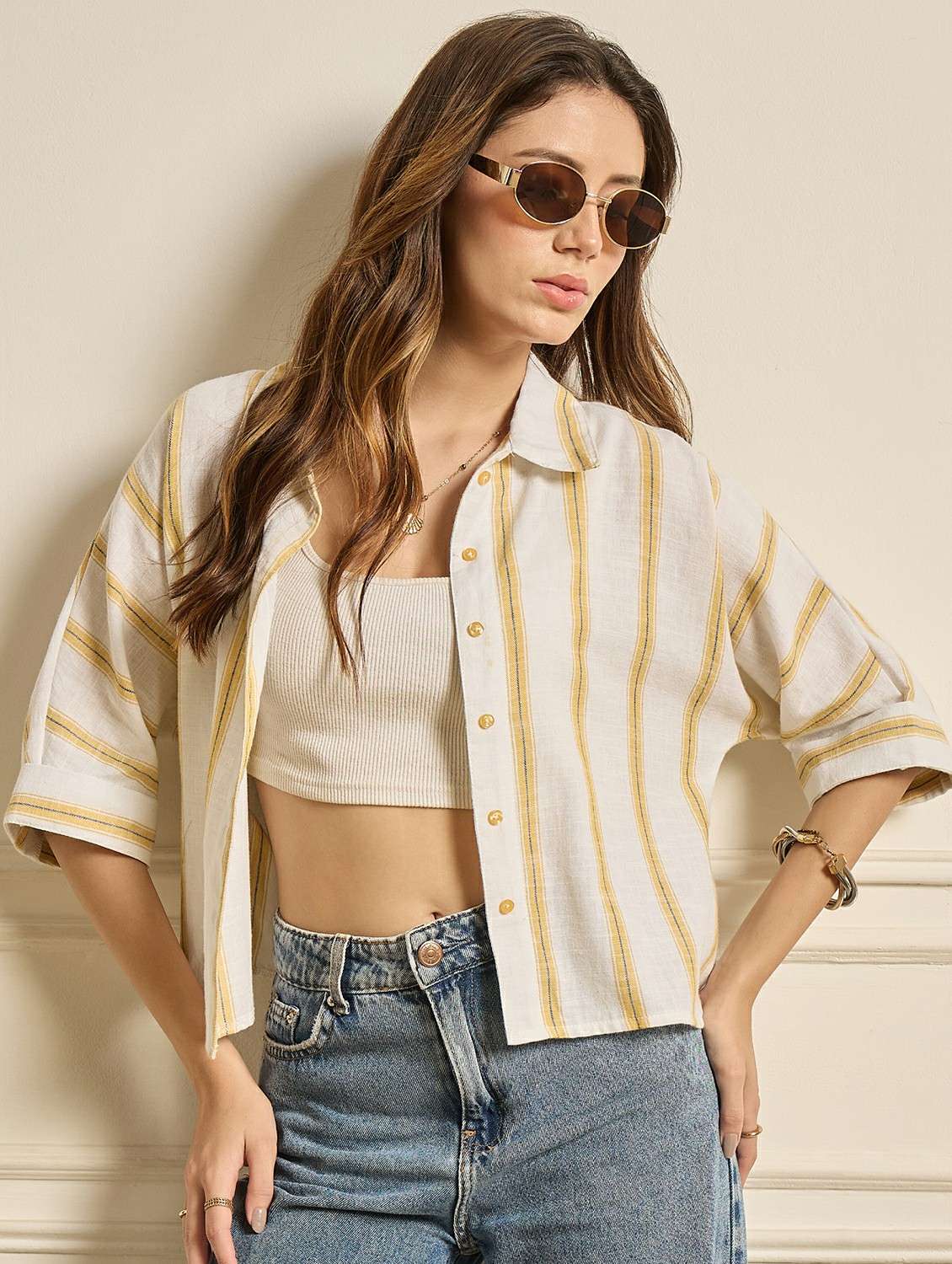 women striped elbow sleeves regular shirt