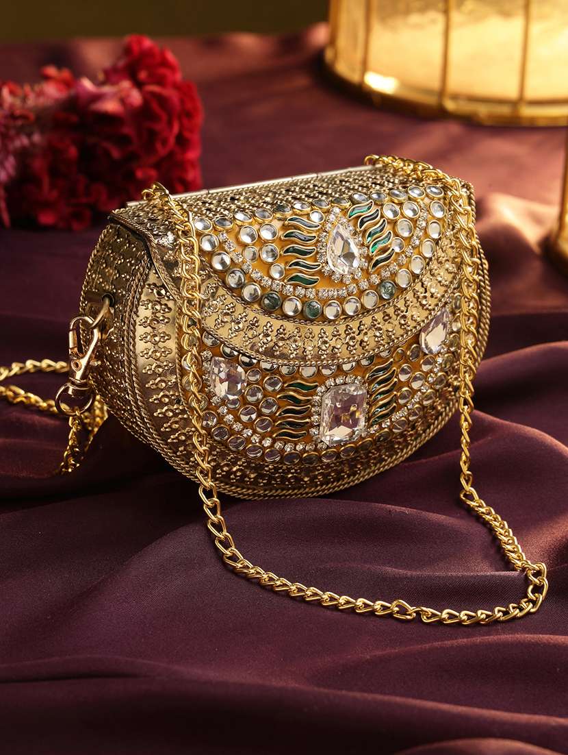 gold metal embellished party clutch with snap closure