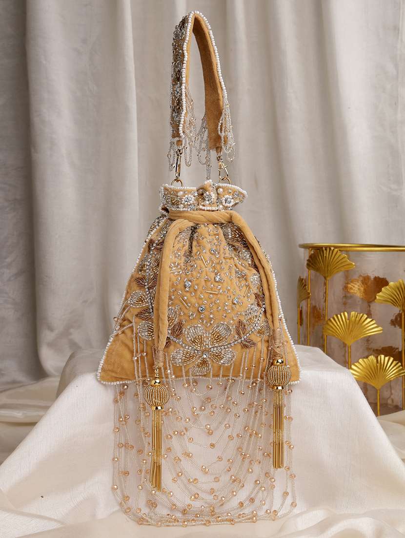 beige suede embellished potli bag for party