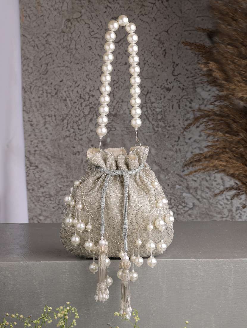 silver faux silk embellished potli bag with pearl handle