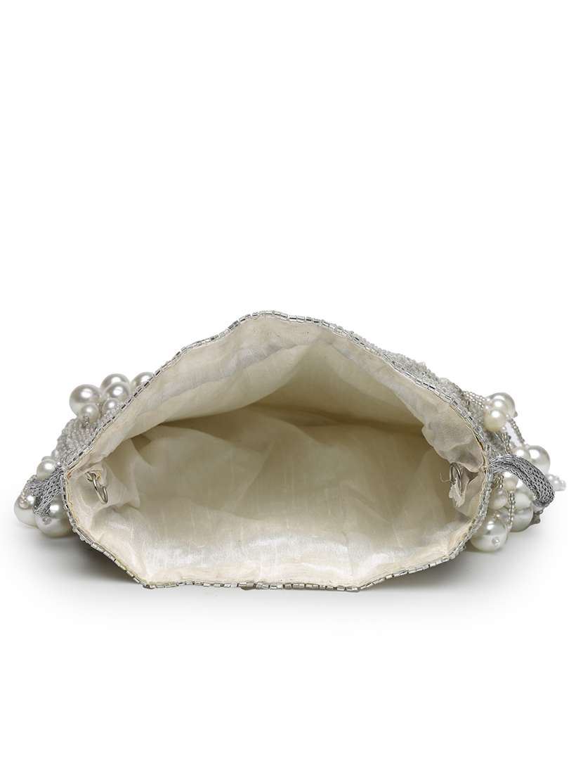 Silver Faux Silk Embellished Potli Bag With Pearl Handle - 22761289 -  Standard Image - 3