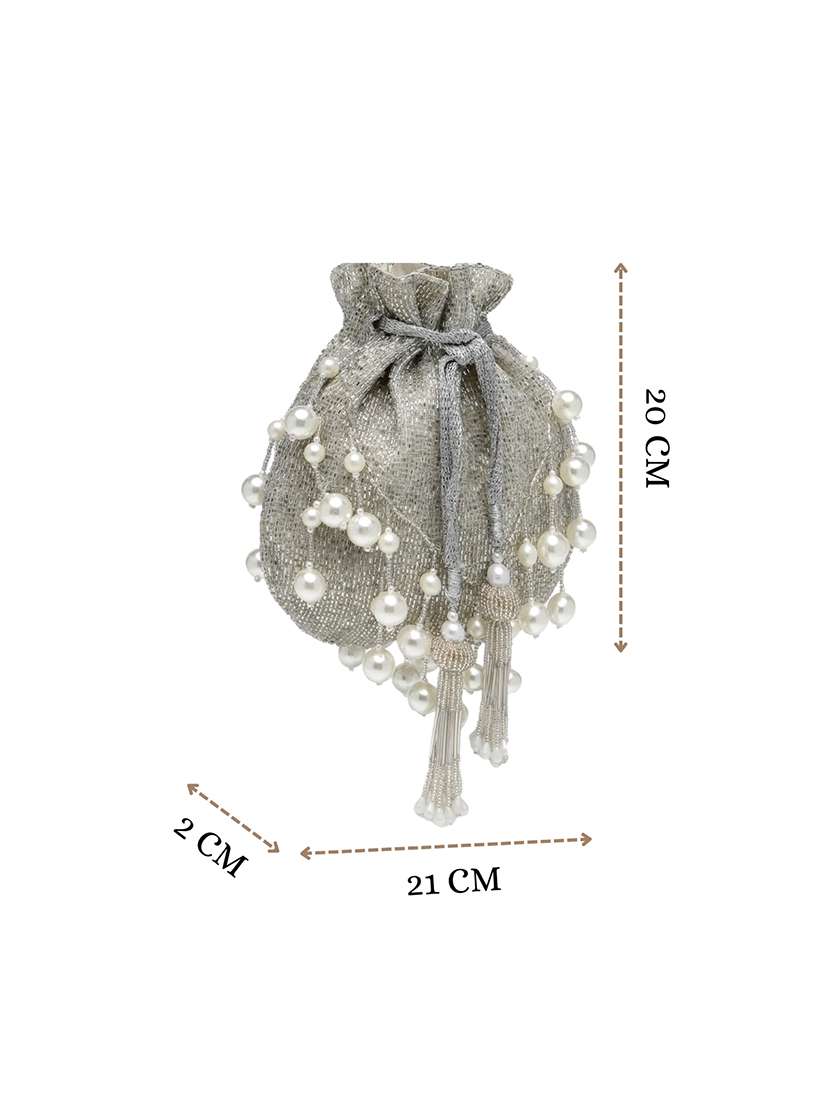 Silver Faux Silk Embellished Potli Bag With Pearl Handle - 22761289 -  Standard Image - 5
