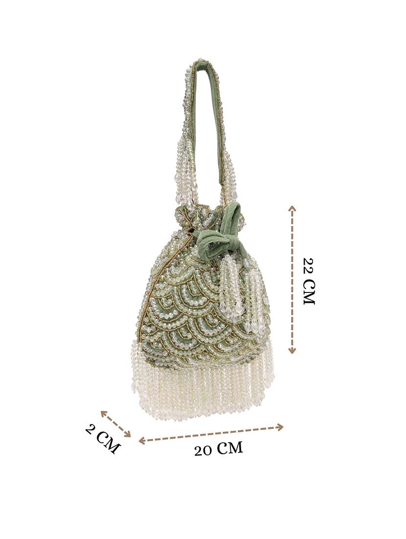 Green Velvet Embellished Potli Bag With Drawstring Closure - 22761291 -  Standard Image - 5