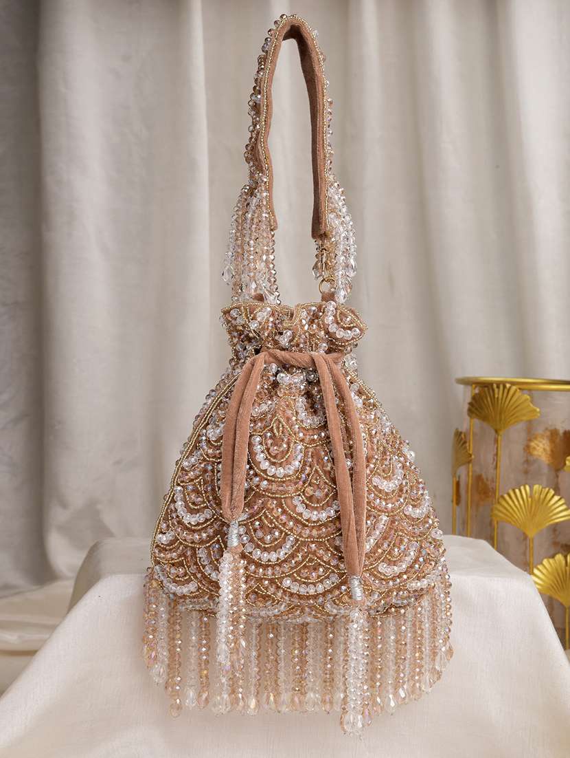 brown embellished velvet potli bag with drawstring closure
